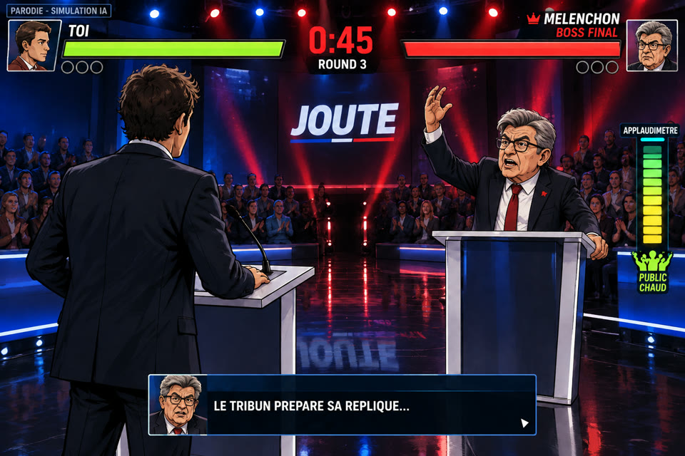 Le boss final : le Tribun, caricature de Jean-Luc Mélenchon, sur le même plateau.
